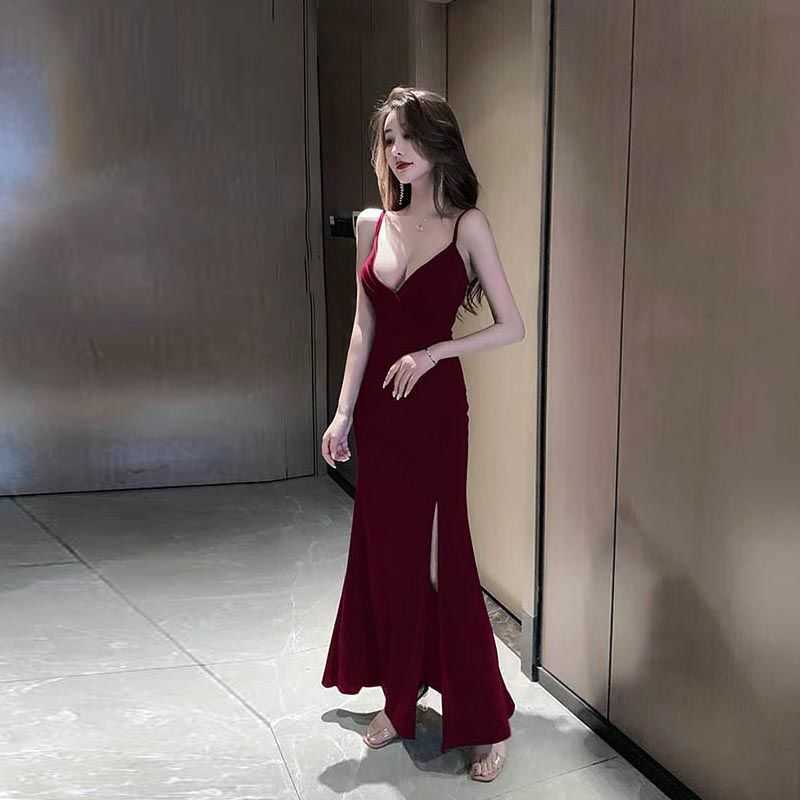 

Sexy low-cut dress summer deep V-Neck Sleeveless Office Lady Knee-Length Polyester 210603, Burgundy