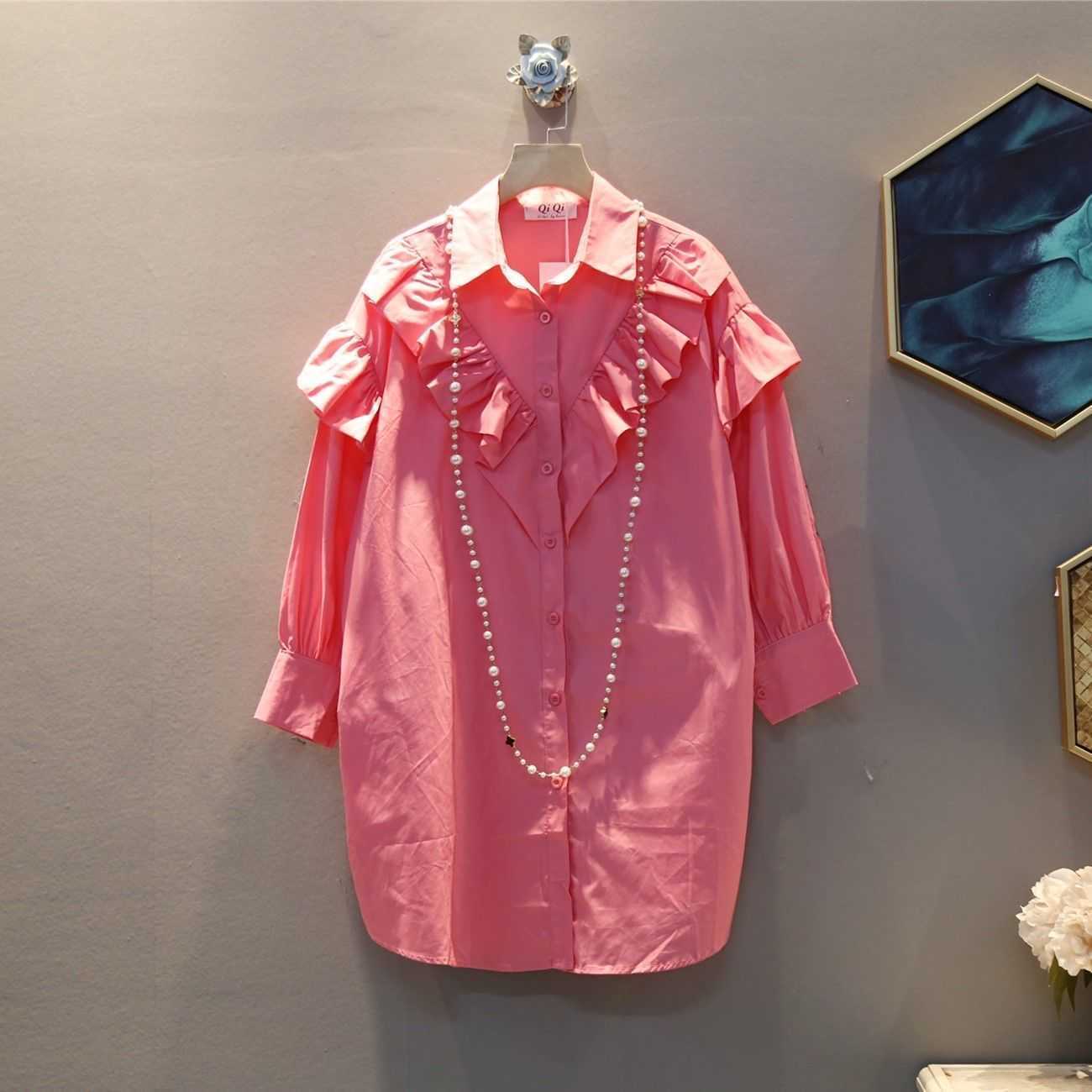 

Spring In Chic Women Shirts Ruffles Tops Female Vintage Button Up Long Butterfly Sleeve Oversize Loose Plus Size Blouse 210721, Pink