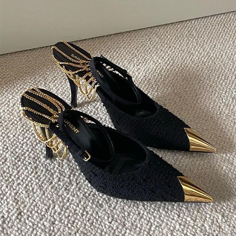 

Dress Shoes Spring Style ONG High Heels Women's Pointed Toe Stiletto With Metal Chain And One-word Buckle Shallow, Black 9cm