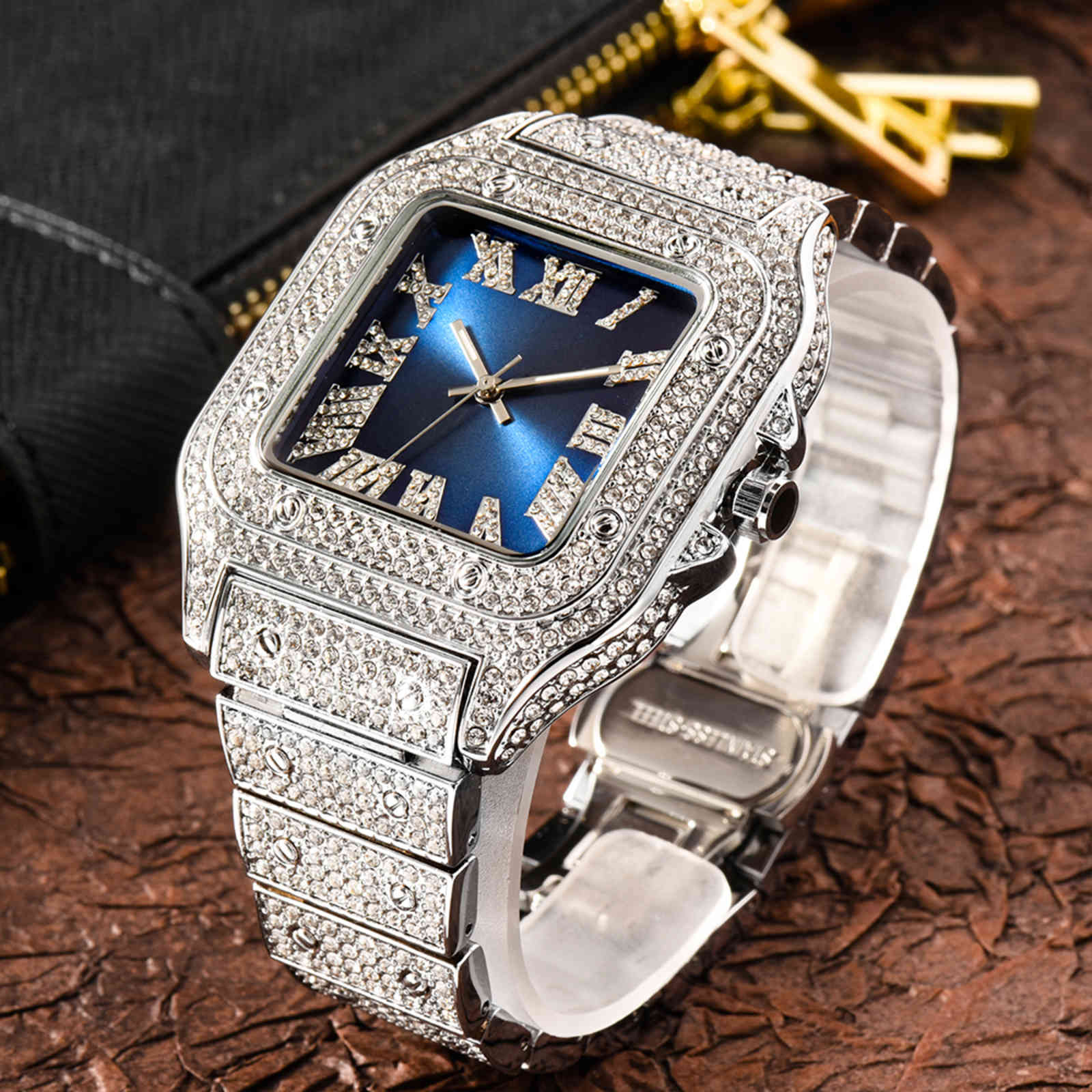 

MISSFOX Blue Rectangle for Luxury Hiphop Full Iced Out Watches Sliver Diamond Quartz Wristwatch Men Watch de Lujo, V324-gbl