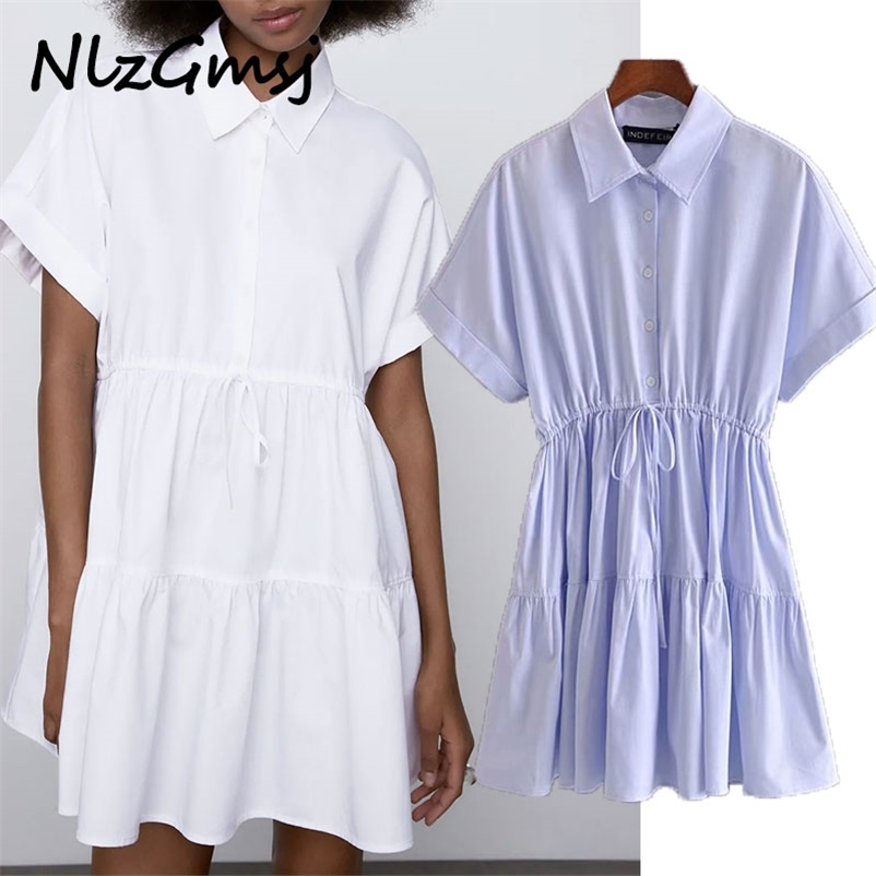 

Dres Summer French Style Blue Shirt Short Sleeve Ladies Mini Vestidos 03 210628, As picture
