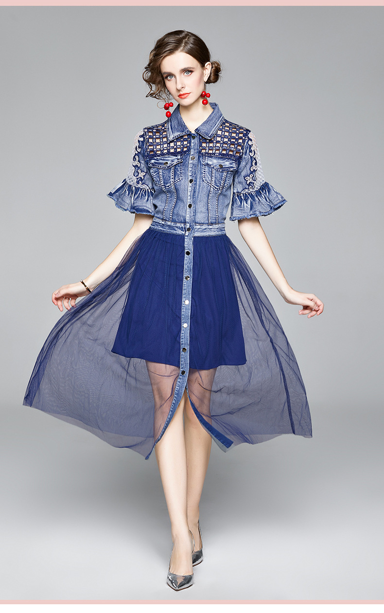 

2021 European and American denim dresses a cross-border women's summer dress flower hollow gauze long skirt, Blue