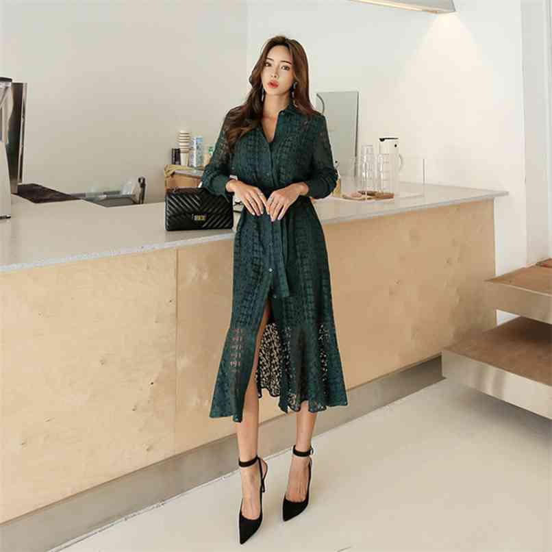 

Spring Hollow-out Lace Women Dress with Belt Single Breasted Elegant Mermaid Female Full Sleeve Autumn Vestidos femme 210520, White