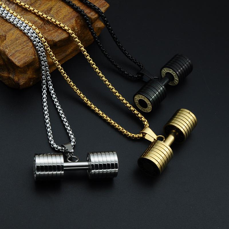 

Pendant Necklaces 2021 Fashion Fitness Men Barbell Necklace Gold Color Stainless Steel Jewelry For Male