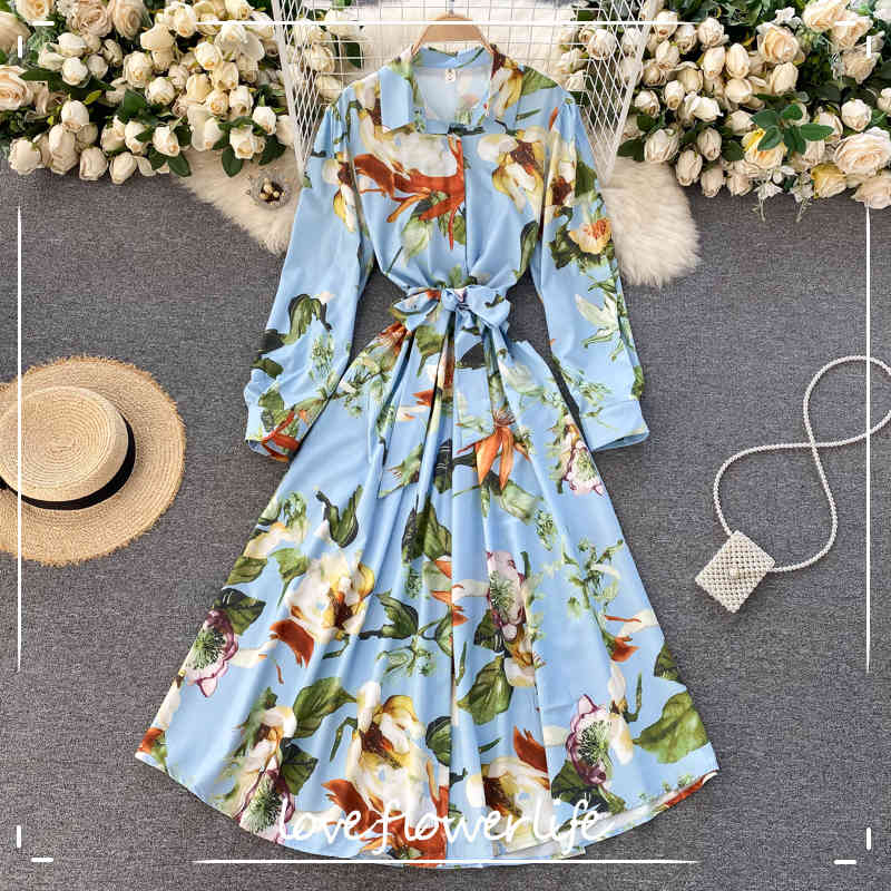 

LFL Spring Bohemian Casual Long Dresses Women Fashion Print Dress Retro Turndown-Collar Lace Up Button A-line Dress 210521, Blue