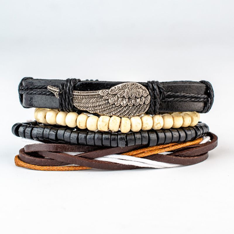 

4pcs/set Fashion Vintage Wood Weave Punk Vintage Cuff Beads Charm Male Men's Blue Leather Women Bracelets Men Female Jewelry Accessories, Golden;silver