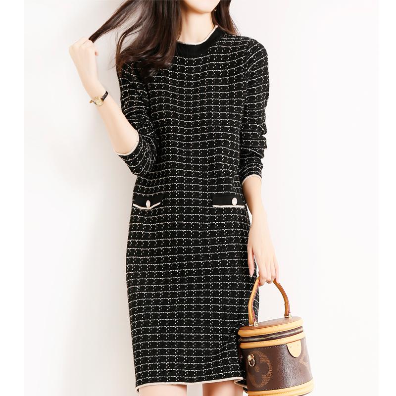

Casual Dresses Women's Autumn High Waist Egg Skirt French First Love Round Neck Long Sleeve Fairy Plaid Wool Knit Dress, Black