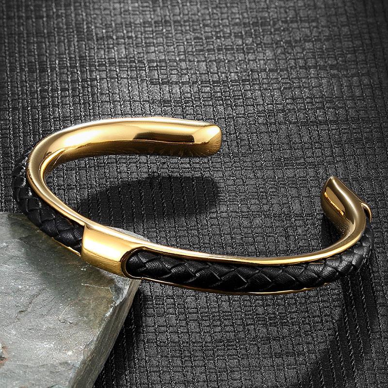 

Bangle Men Gold Black Stainless Steel Leather Cuban Cuff Bracelets Wristband Fashion Jewelry Friends Gifts Wholesale Accessories