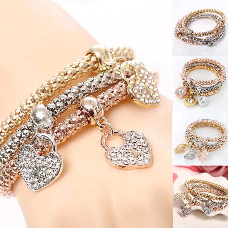 

Charm Bracelets 3Pcs/Set Zircon Gold Silver Bracelet Elastic Corn Fashion Crystal Bangles Women Jewelry DIY Fine Party Gift