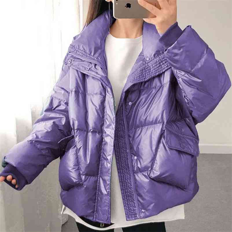 

Winter Women Fashion Korean Jacket Coats Vintage Cotton-padded Warm Coat Loose Stand Collar Short Oversize Parkas Outwear 210519, Purple
