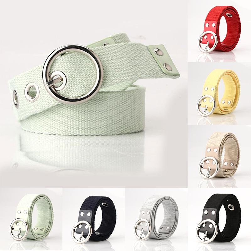 

Women Belt Punk Style Round Pin Buckle 1Pcs Single Grommet Hole Waist Strap Rivet Eyelets Canvas Jeans Dress Waistband Belts, Black;brown