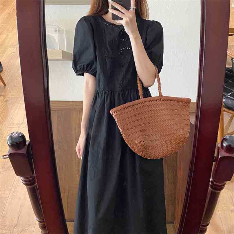 

Romance Hollow Out Stylish Femme Chic All Match Lace A-Line Loose Short Sleeves Patchwork Dresses Vestidos 210525, Black