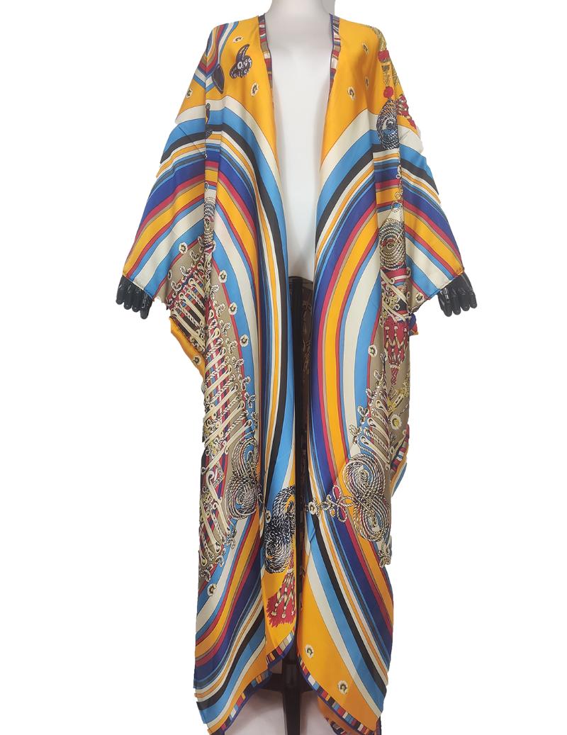 

Ethnic Clothing Est Fashion Bohemian European Printed Silk Kaftan Cardigan Kimonos For Lady Plus Size Beach Bikini Cover Up Duster Coat