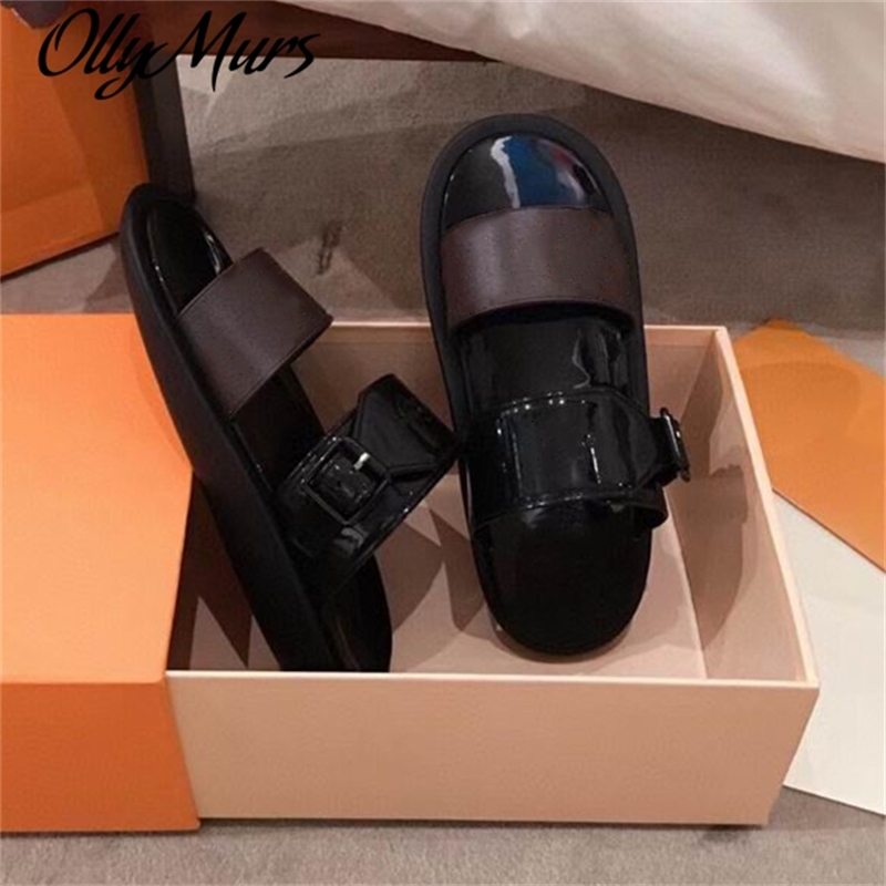 

Ollymurs women Print Patent Leather Brand On-trend Slide Sandal Lady Canvas Letter Anatomic Leather Outsole Designe