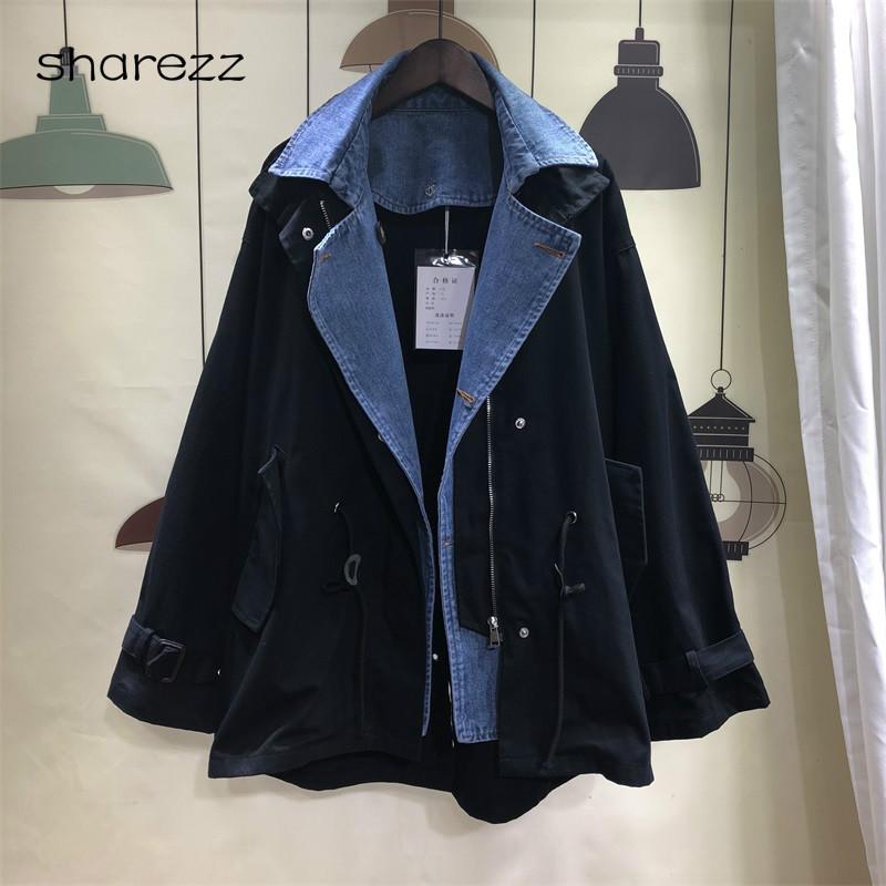 

Women's Trench Coats Korean 2021 Spring And Autumn Long Harajuku Turn-down Full Sleeves Denim Spliced A-line Jacket Female Coat, Tan;black