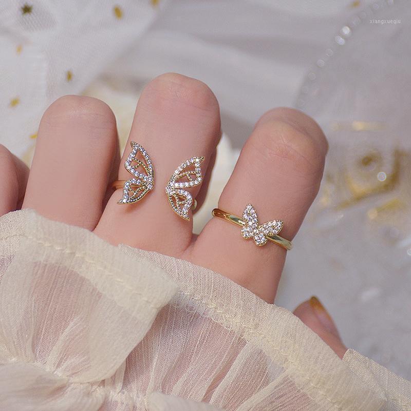 

Cluster Rings Shiny Side Accessories Crystal Butterfly Engagement Adjustable For Women Simple Style Pierced Open, Golden;silver