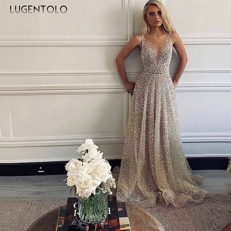 

Casual Dresses Lugentolo WomensParty Dress Sexy Sequins Sleeveless Solid Tank High Waist Summer Fashion Big Swing Floor-Length HA80, 1# shoe box