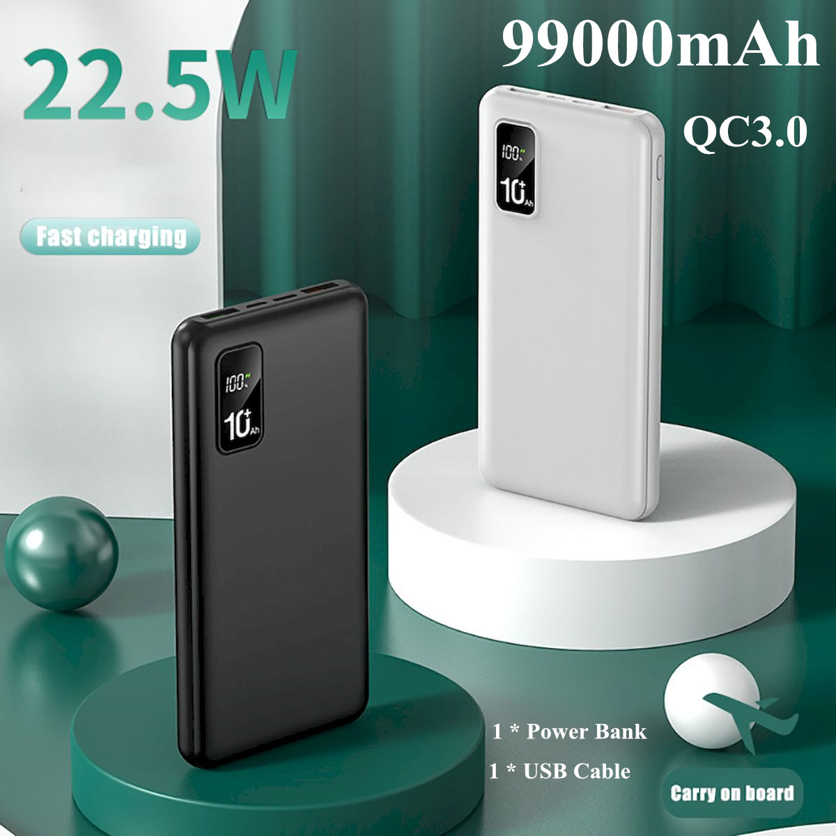 

QC3.0 99000mAh 22.5W External Battery Power Bank Fast Charging Dual USB Powerbank