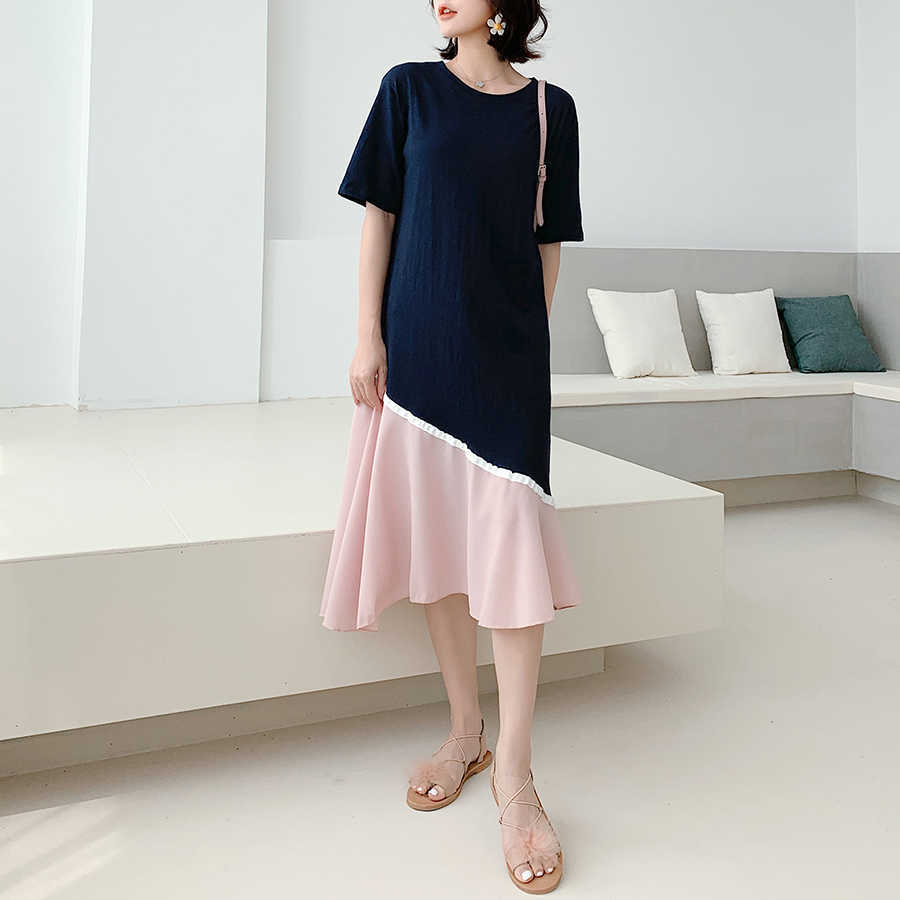 

VANOVICH Korean Style Womendress Fashion Casual Spring and Summer Ladies Dress Pluz Size Long Stitching Chiffon Dresses 210615, Blue