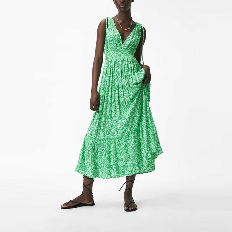 

Fashion Deep V neck Floral Sundresses Women Summer Vacation Dress Beach High Waist Loose Sleeveless 210525, Green