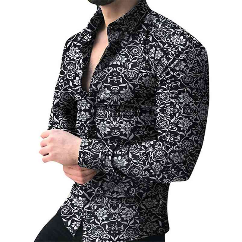

Men's Floral Casual Shirts Printing Breathable Slim Fit Clothing Long Sleeve High Quality Camisa Masculina Beach Shirt 210721, White