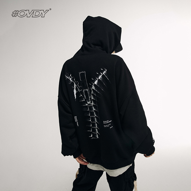 

wxwovdy 2021 autumn winter new fashion brand personalized back bone zipper printing bf style loose sweater men, Black