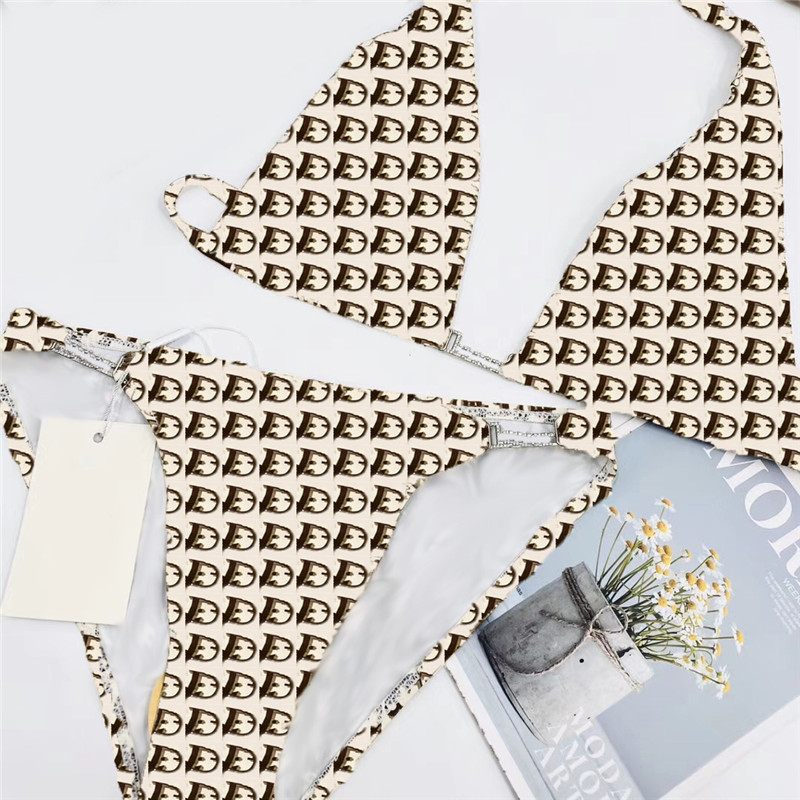 

Luxury Diamond Letters Bikinis Crystal Triangle Bikini Set Women Lace Up Swimwears Summer 2 Pieces Swimsuit