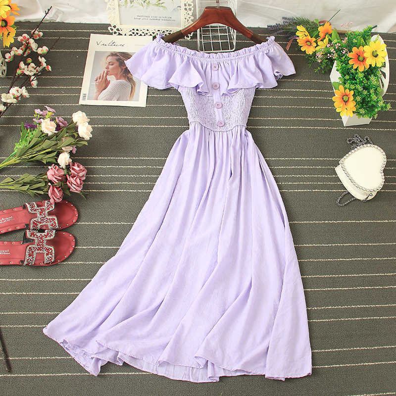 

Sexy Slash Neck Single-breasted Women Dress Casual High Waist Ruffles Short Sleeve A-line Green/Blue Dresses Summer New 2020 Y0603