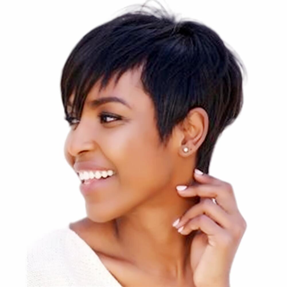 

Straight None Lace frontWig Human BrazilianHair Layered Pixie Cut Wig Side Bangs Short Bob Machine made Wigs for Black Women, Natural color