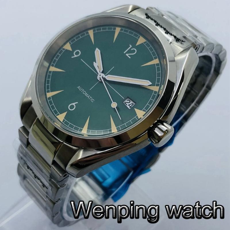 

Wristwatches 40mm Men's Top Sterile Mechanical Watch Silver Case Sapphire Glass Green Dial Luminous NH35 Movement Automatic, Without logo watch