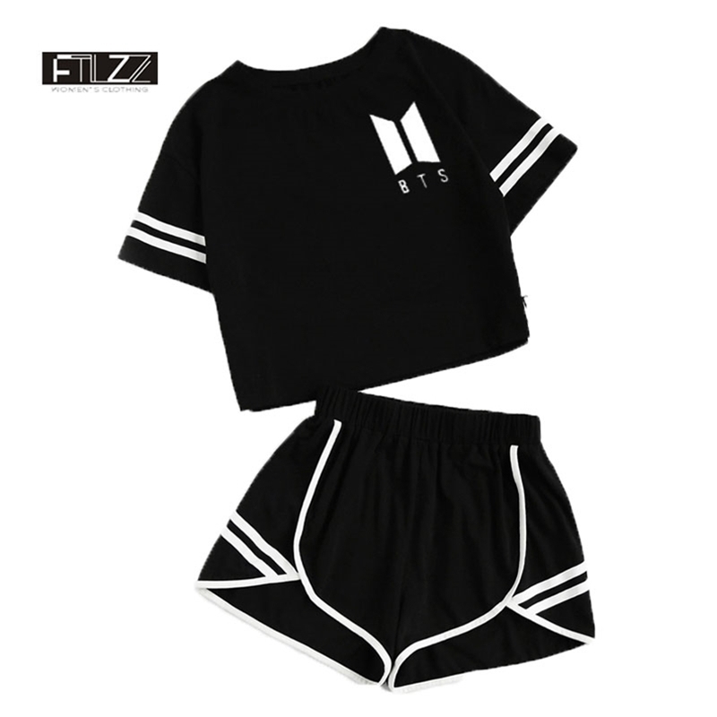 

Summer 2 Piece Set Women Casual T Shirt Tops + Short Pants Suits Black Print Tracksuit Women' Two Pvs Sets Clothes 210525