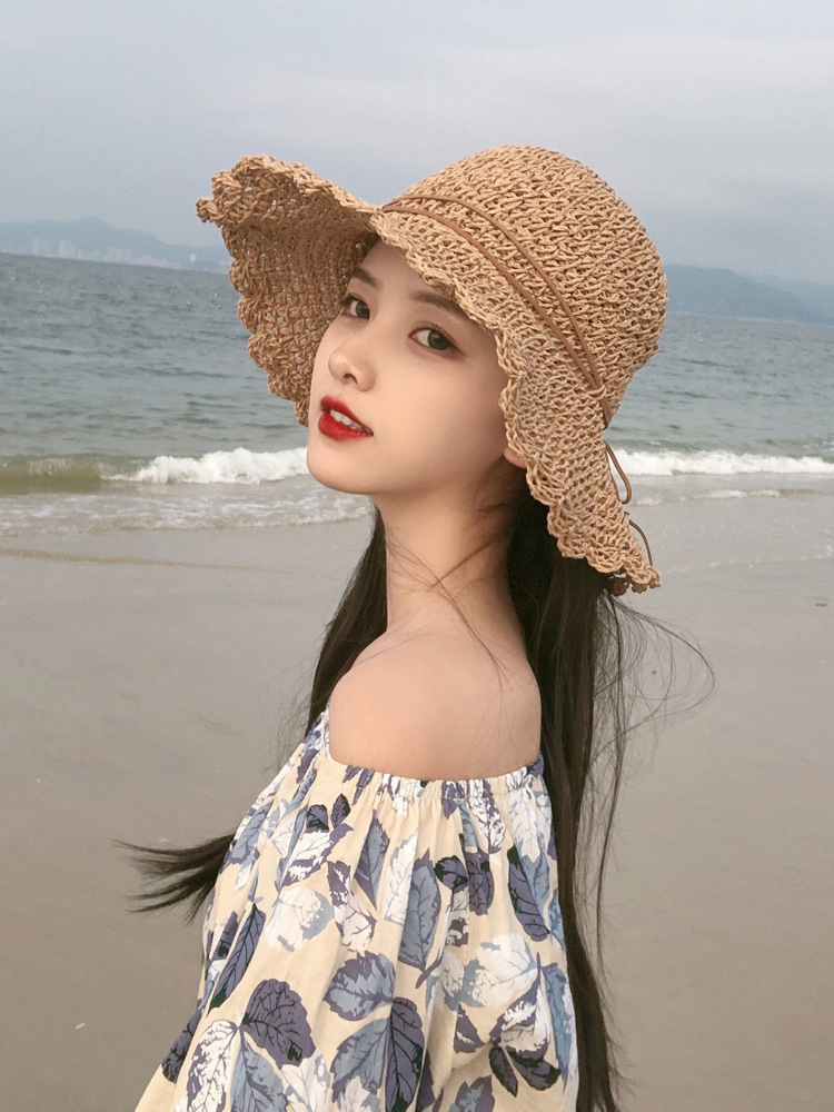 

Bow straw girl summer little fresh foldable Beach Hat seaside children sunshade sun hat, Beige