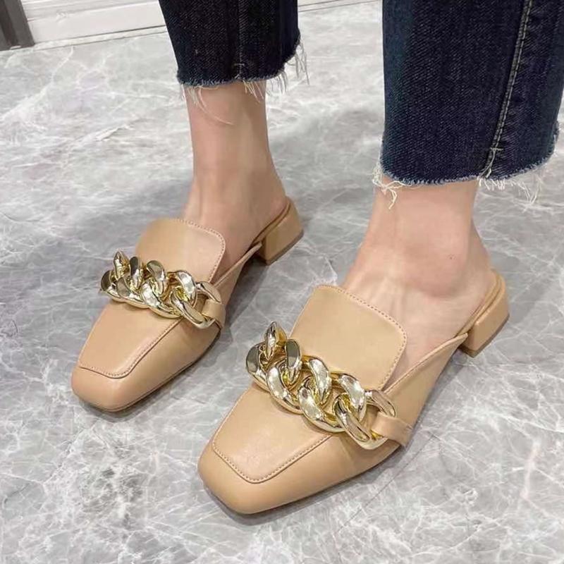

Dress Shoes Low Chunky Heel Square Closed Toe Sandals Fashion Chain Slippers Casual Style Slides Outdoor Women, Black