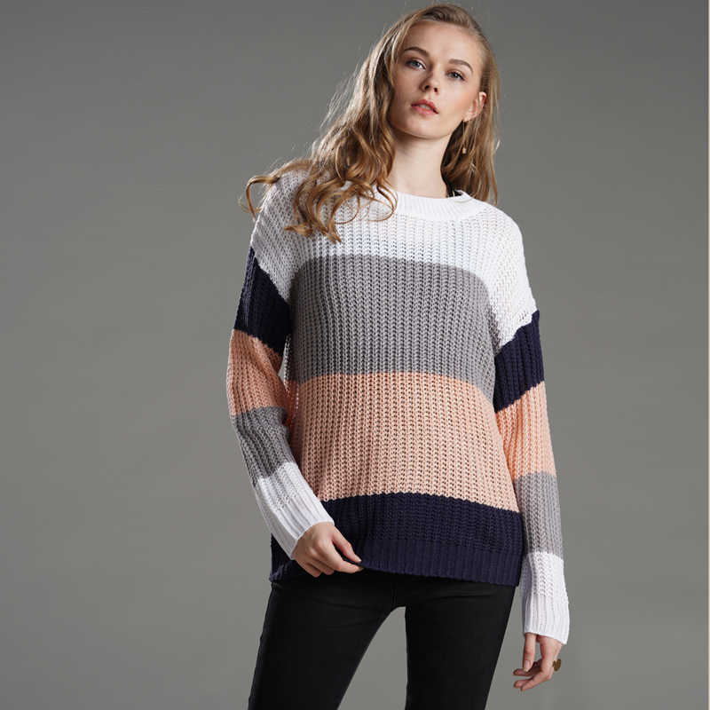 

Women's sweater autumn and winter season warm striped round neck pullover female loose large size casual 210527