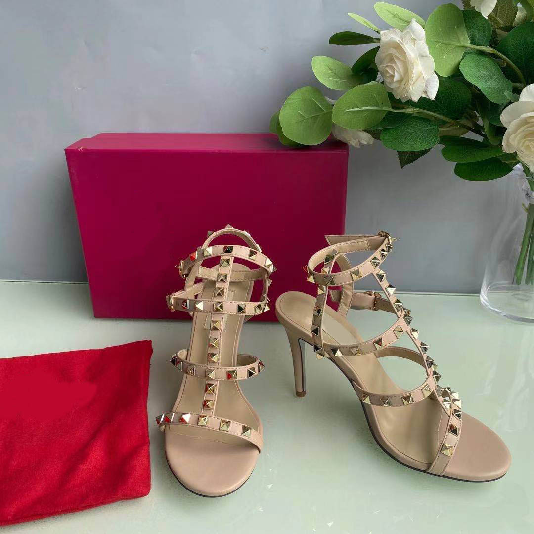 

European classic women's summer high heels, sandals, fashionable and sexy, metal rivet decoration, with box, size 35-40, Nude