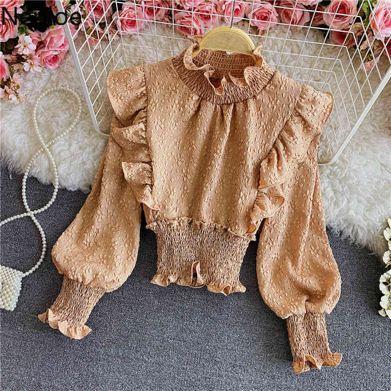 Neploe Blusas Mujer De Moda Sweet Heavy Ruffles Women Blouses Stand Neck Puff Sleeve Short Blouse Fashion Slim Shirt Tops 210422