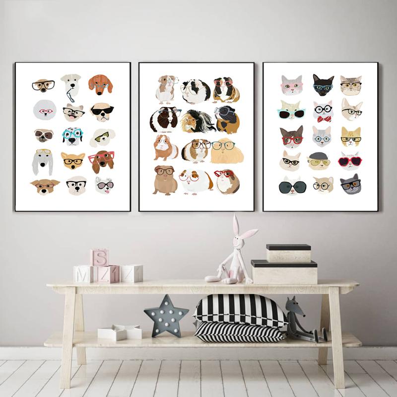 

Paintings Nursery Wall Art Canvas Posters Print Cartoon Guinea Pig Cats And Dogs With Glasses Painting Nordic Pictures Kids Bedroom Decor