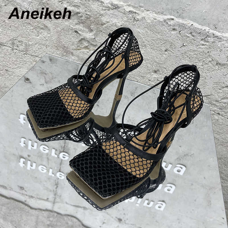 

Aneikeh Women's Sandals Summer Mesh Surface Open Thin Heels Party Cross-Tied Gladiator Lace-Up Concise Square Heel Fashion 210615, Black