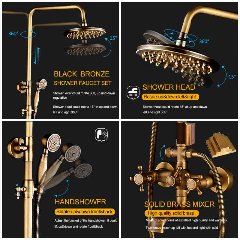 

Bathroom Shower Heads Antique Brass Faucets Set 8'' Rainfall Commodity Shelf Dual Handle Mixer Tap Swivel Tub Spout Bath Linr