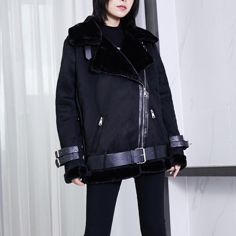 

Women's Leather & Faux Winter Thickened Suede Fleece Warm Casual Jackets For Women Camel Lapel Belt Thickening Female Brown Velvet Outerwear, Black