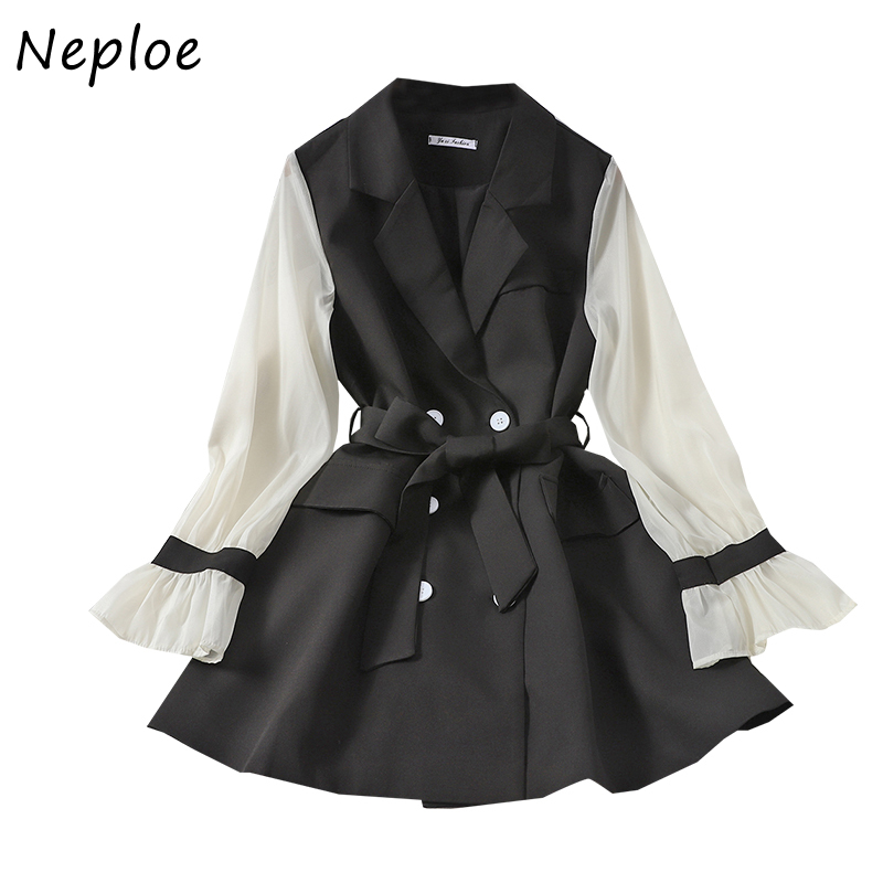 

2021neploe women dress autumn 2021 fashion patchwork chiffon long sleeve sashes temperament notched collar korean gentleness dresses, Black;gray