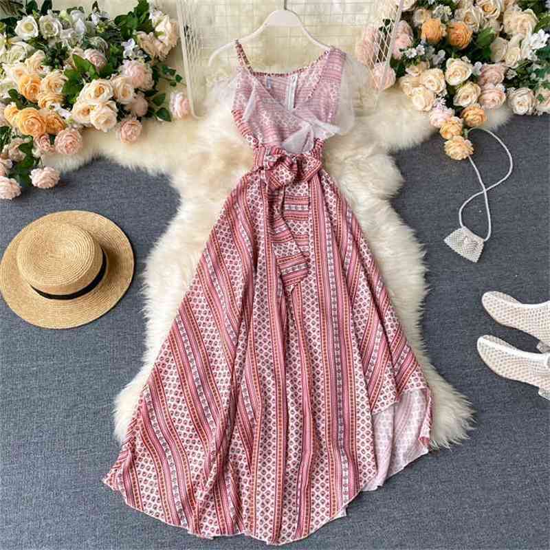 

summer patchwork Tulle dress fashion women sexy v-neck Backless sleeveless bandage bow elegant ladies beach long robe 210602