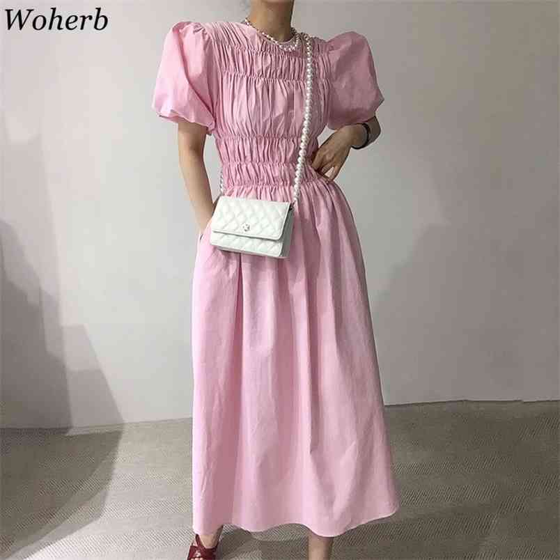 

Elegant Women Long Dress Vintage Pleated Slim Waist Robe Female Korean Chic Puff Sleeve Dresses Summer Ladies Vestidos 210519, White