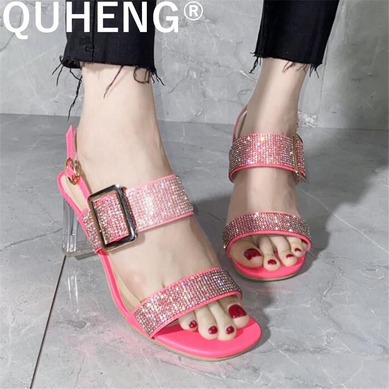 

Women's High Heel Sandals 2021 Summer Transparent High-Heel Large Size One Word Buckle Strap Fashion Rhinestone Open Toe, Black