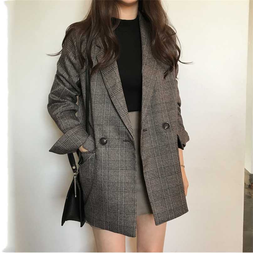 

Women's Blazer Suits check Long Sleeve Cotton jacket Csual vintage Coat Plaid blazer Jacket Notched solid Elegant Women Tops 99i 211019, Gray