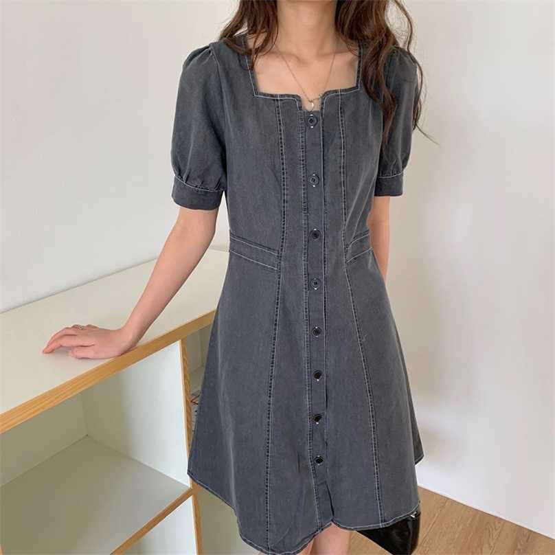 

Summer Office Lady Square Collar Cowboy Stylish Vintage Denim Prom Chic Streetwear Femme Vestidos Mini Dresses 210525, Grey