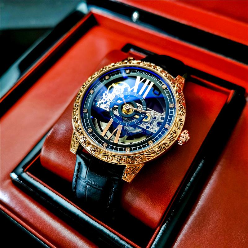 

Wristwatches Aokulasic Business Push Button Hidden Clasp Wrist Watch Automatic Self-Wind Hollow Out And Transparent Mens, Brown gold w