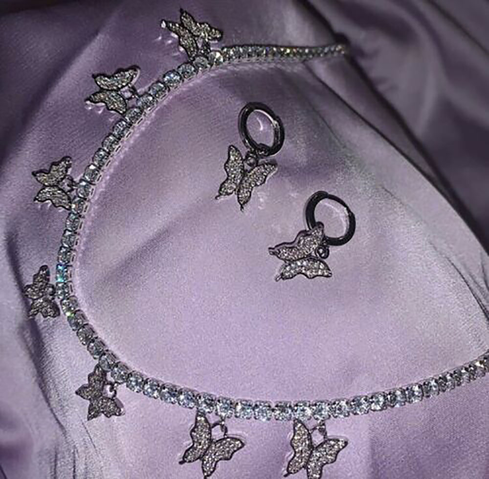 

Ice Out Rosegold &Pink Butterfly Charm 4MM Tennis Choker Bling Zircon Necklace for Men Women Hip Hop Rapper Jewelry Gifts Whosales