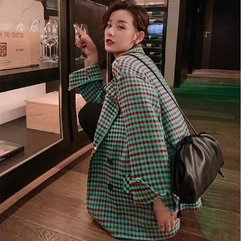 

Women' Suits & Blazers Plaid Green Blazer Office Lady Lapel Beading Trim Double-Breasted Pockets Woolen Jacket Autumn Winter Women Loose Ca, Green plaid