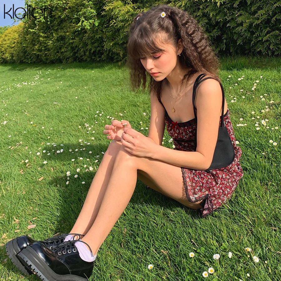 

2021klalien women summer boho red strap mini dress ladies fashion cute sweet college style kawaii slim soft floral dress new, Black;gray